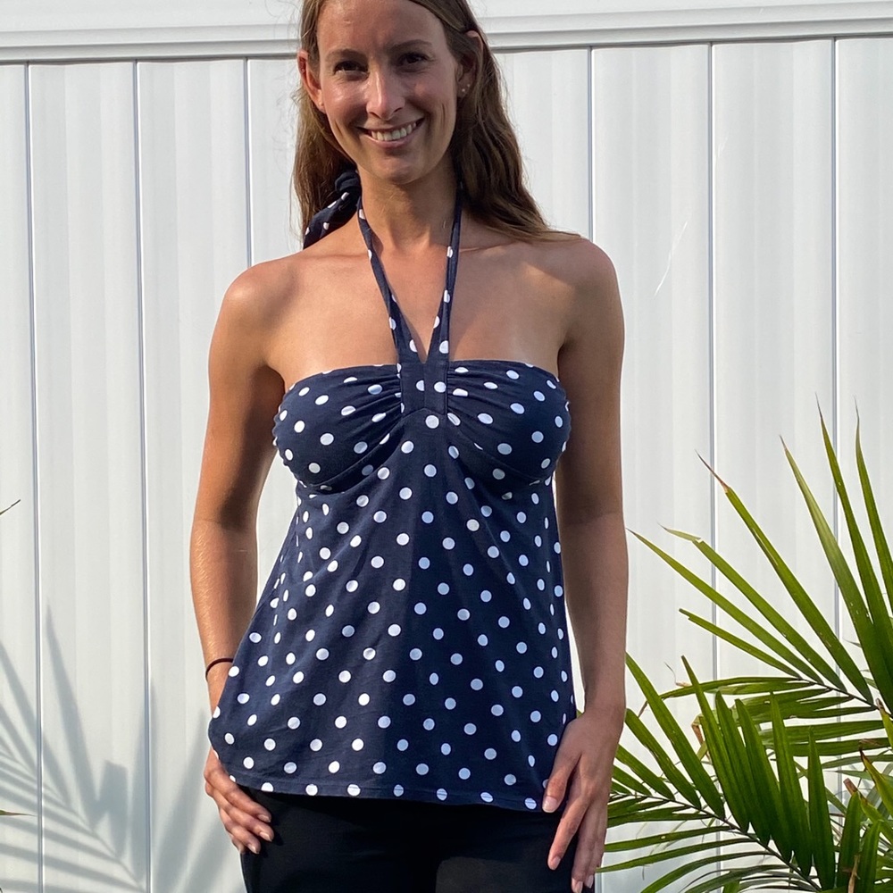 Blue and white polka dot halter/ strapless blouse